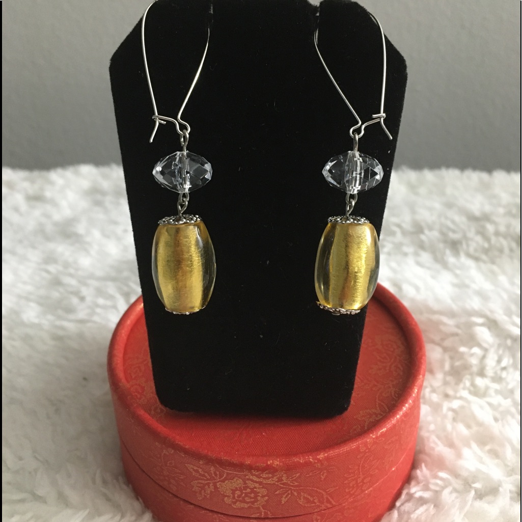 Acrylic 24k Gold Foil Encrusted Dangling Barrel Shape Pierced Earrings